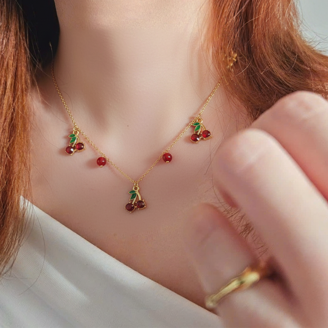 Cherry Charm Kids Necklace – Gold-Plated Enamel Fruit Jewelry