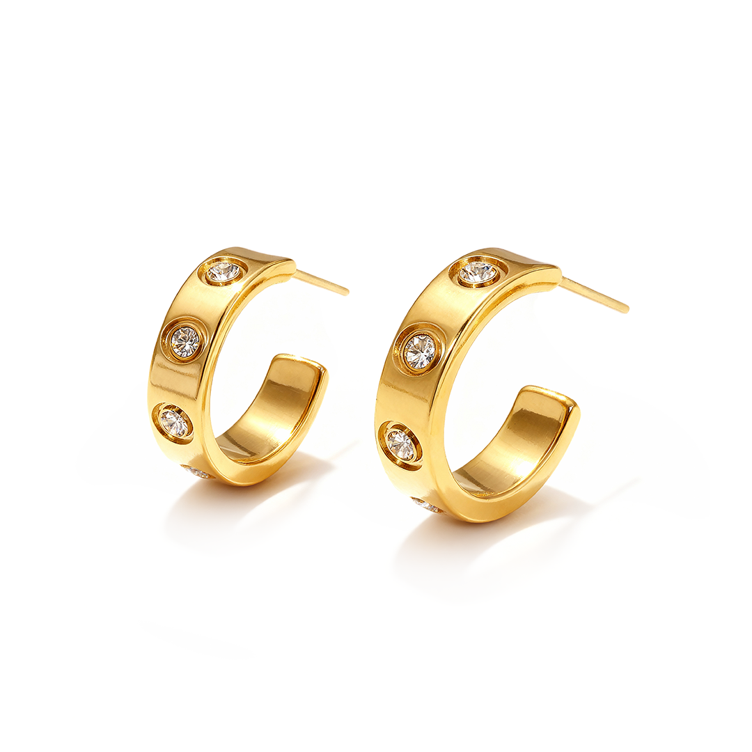 Gold Rivet Hoop Earrings with Crystals – Stainless Steel