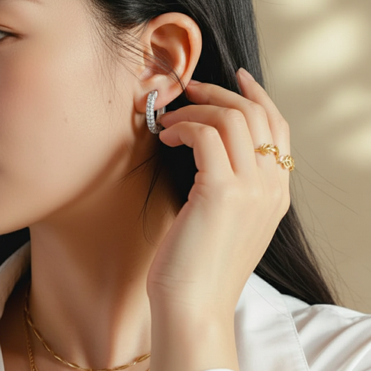 Silver Pavé Hoop Earrings – Stainless Steel