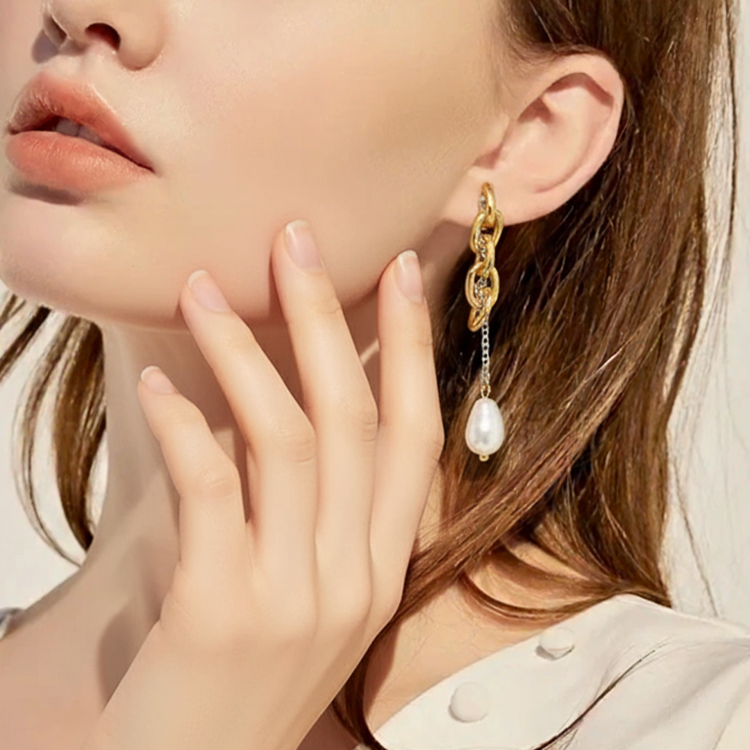 Gold Chain & Pearl Drop Earrings – Stainless Steel