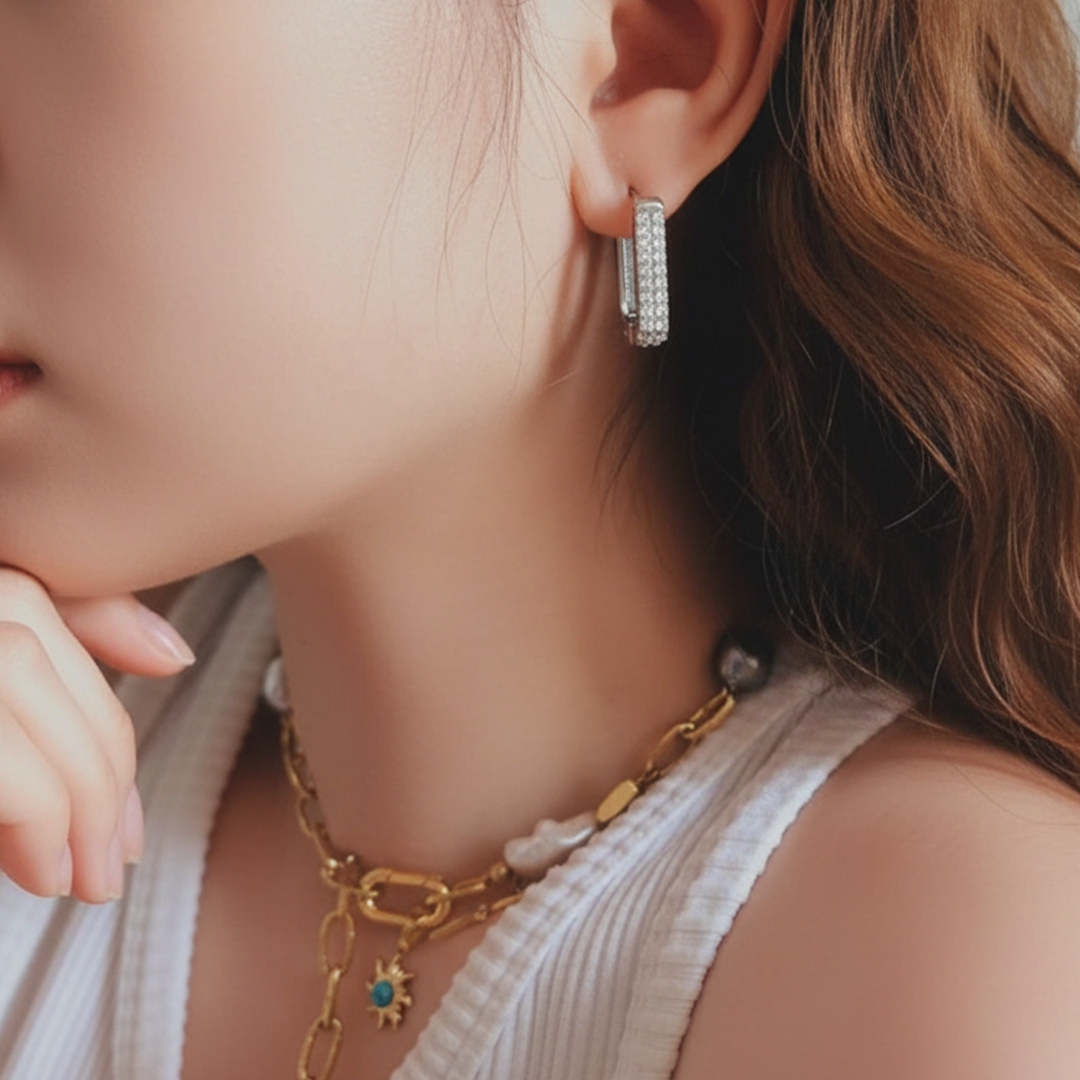 Silver Rectangular Pavé Hoop Earrings – Stainless Steel