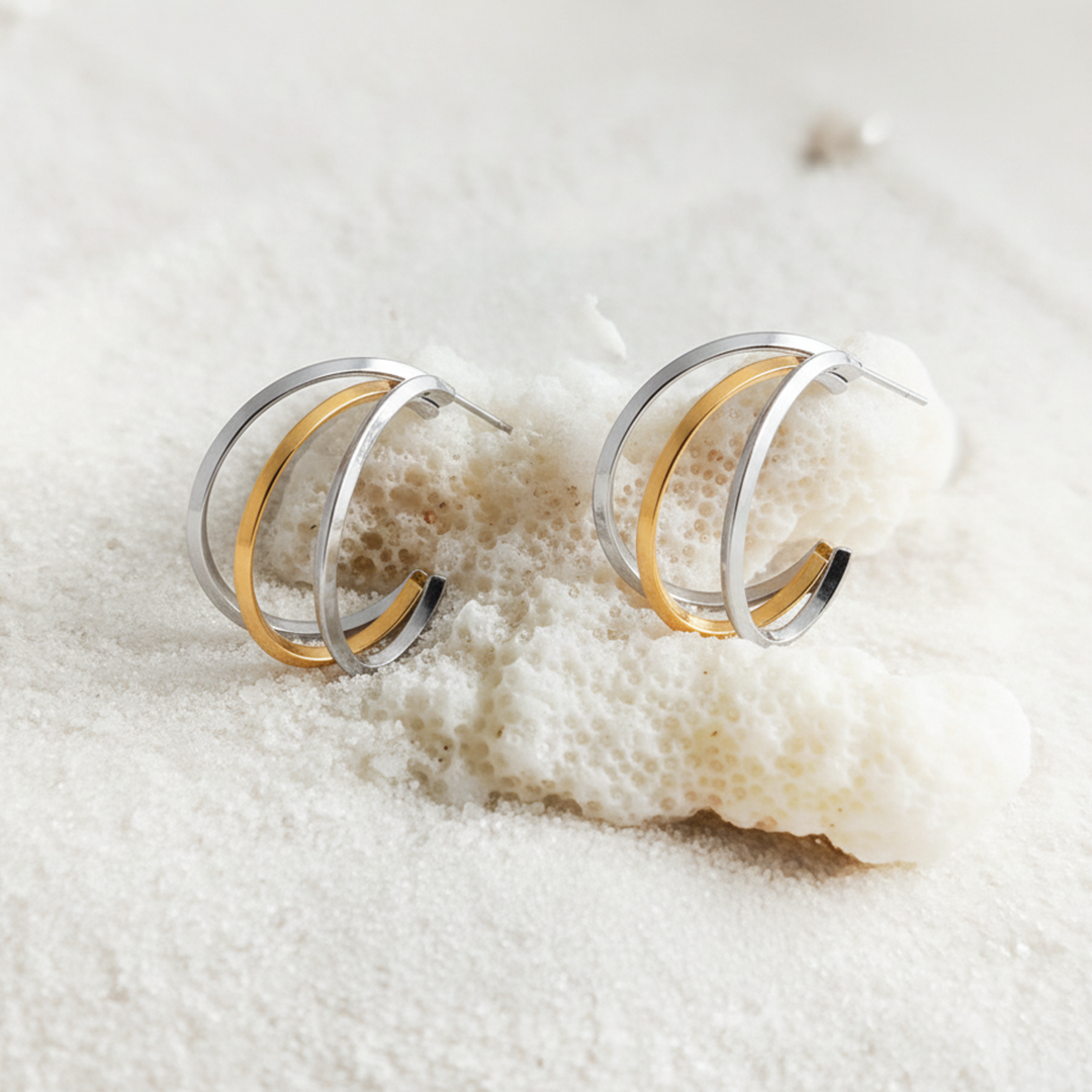 Two-Tone Gold & Silver Triple Hoop Earrings – Stainless Steel