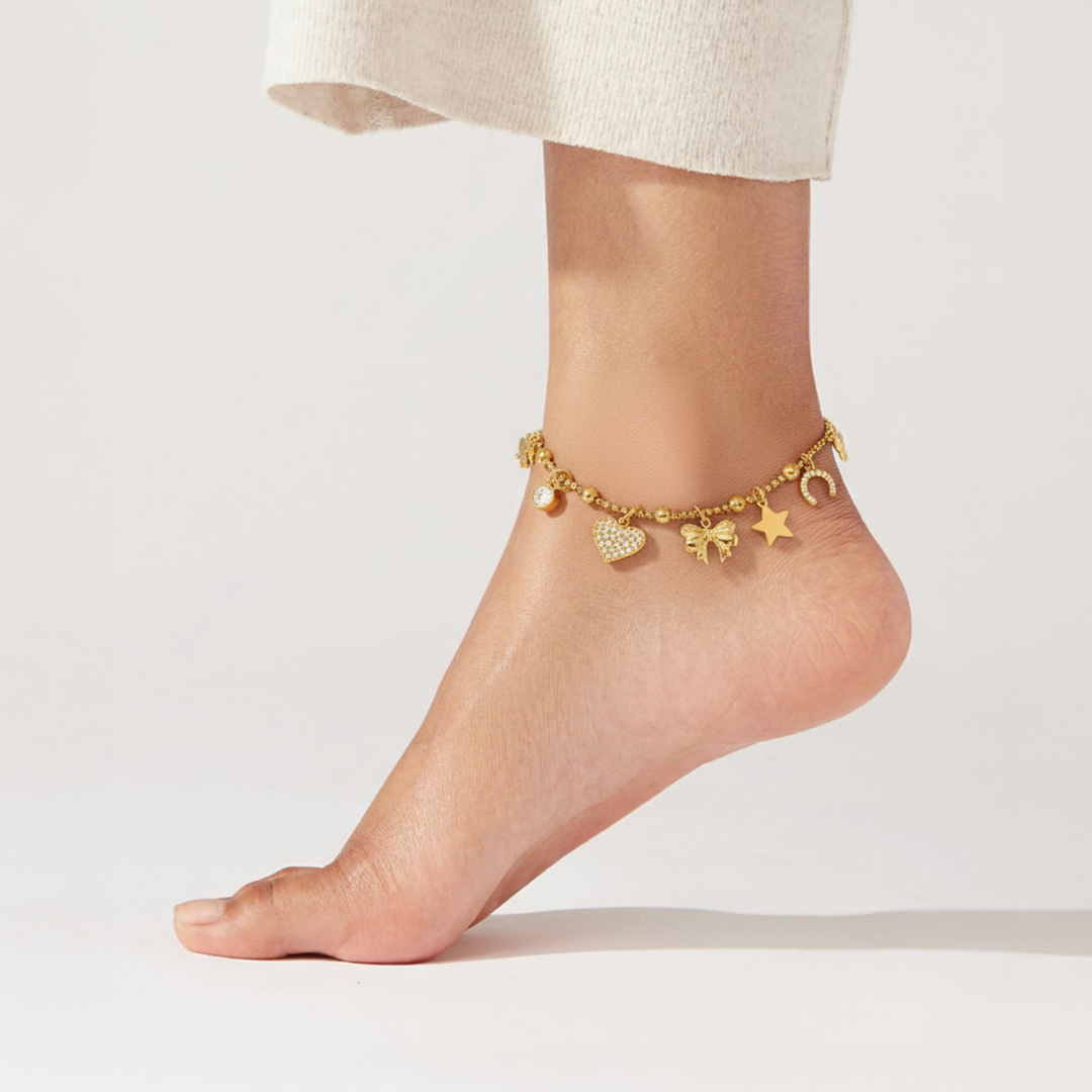Golden Heart & Bow Anklet – 18K Gold Plated Charm Anklet
