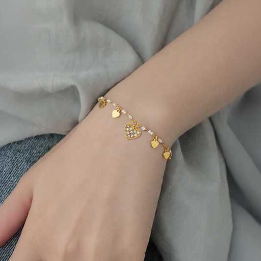 Golden Heart Charm Bracelet – Stainless Steel Pearl Accent Jewelry