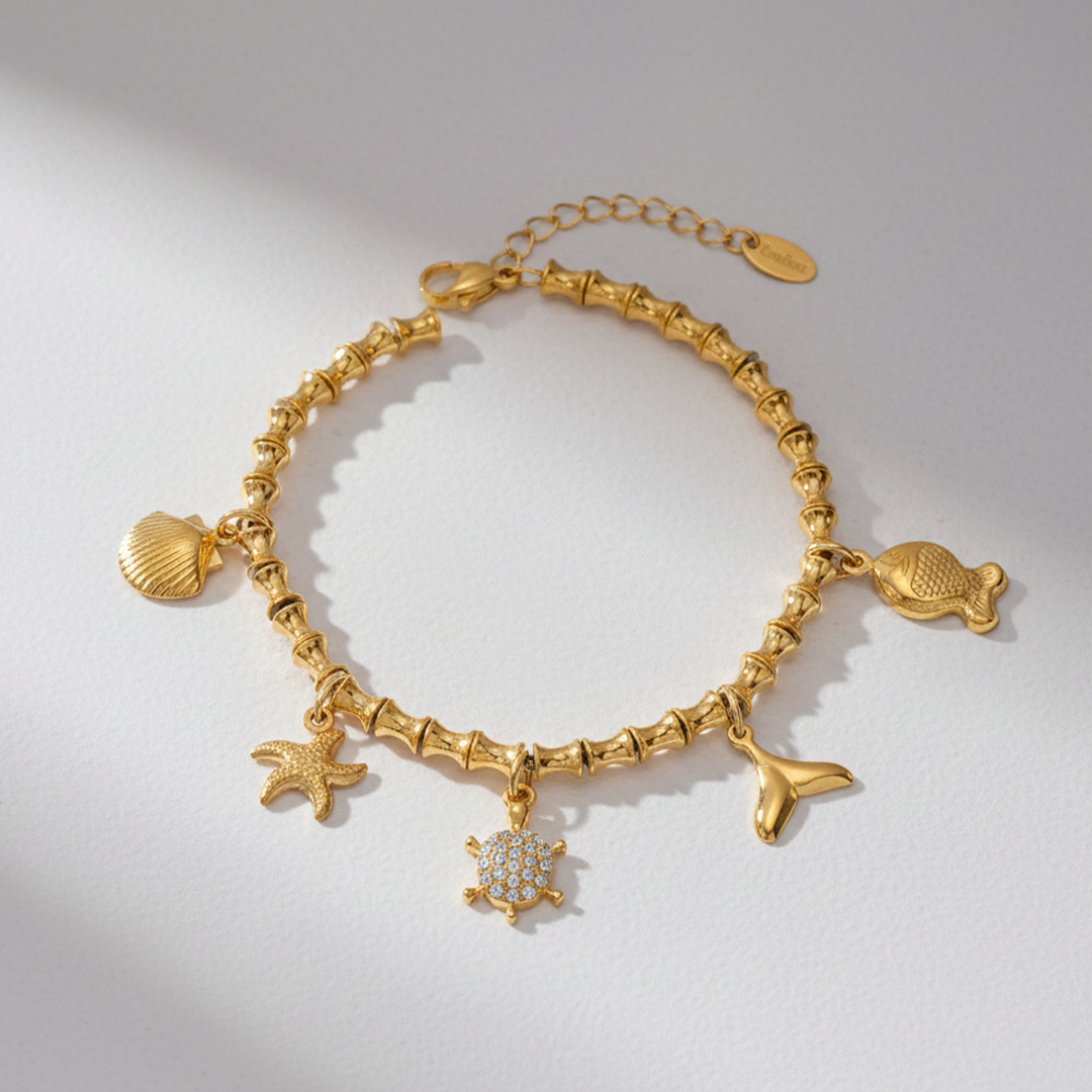 Bamboo Chain Sea Charm Anklet – 18K Gold Plated with Shell & Starfish Charms