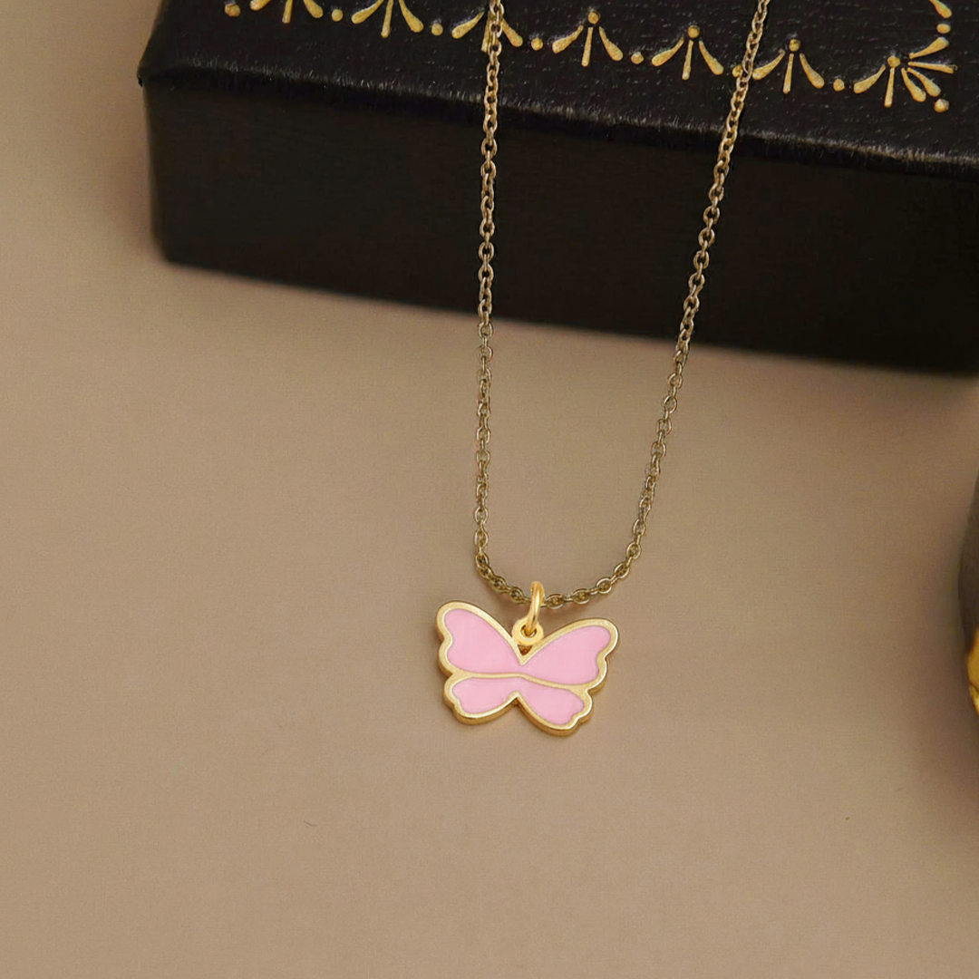 Pink Butterfly Kids Necklace – Gold-Plated Stainless Steel Enamel Charm