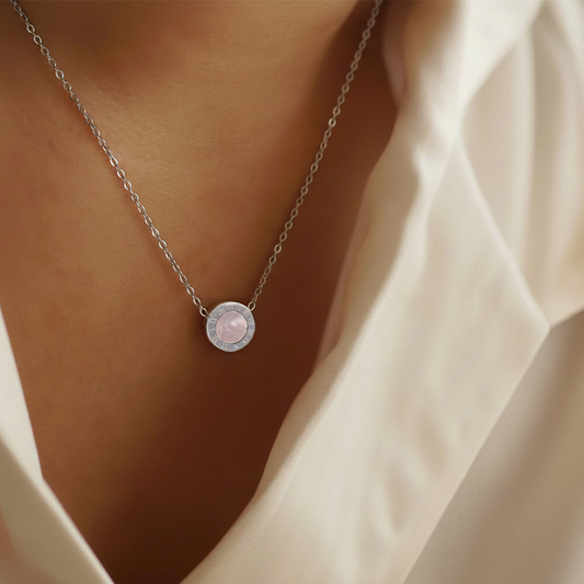 Rose Quartz Circle Necklace – Stainless Steel Silver Pendant Jewelry