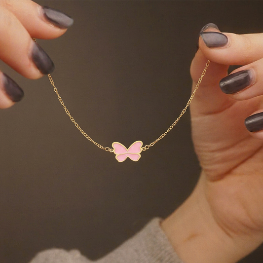 Pink Butterfly Kids Bracelet – Gold-Plated Stainless Steel Enamel Charm