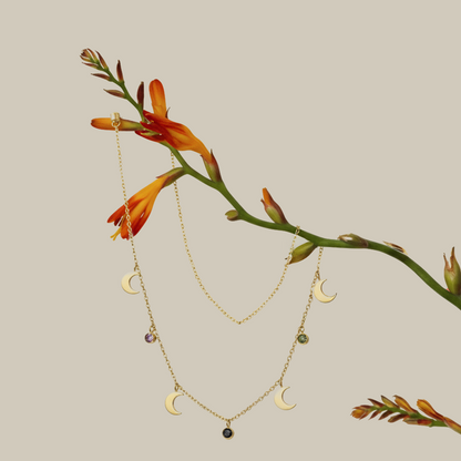 Celestial Moon Charm Necklace – 18K Gold Plated with Gemstone Accents