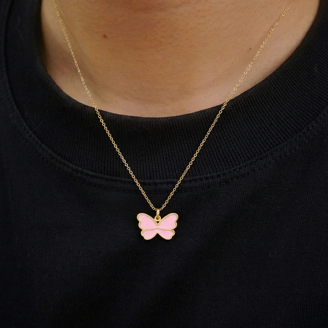 Pink Butterfly Kids Necklace – Gold-Plated Stainless Steel Enamel Charm