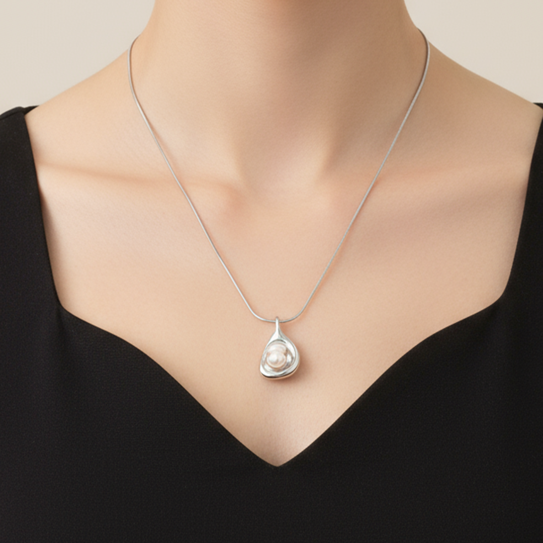 Modern Pearl Drop Pendant Necklace – Sterling Silver Plated