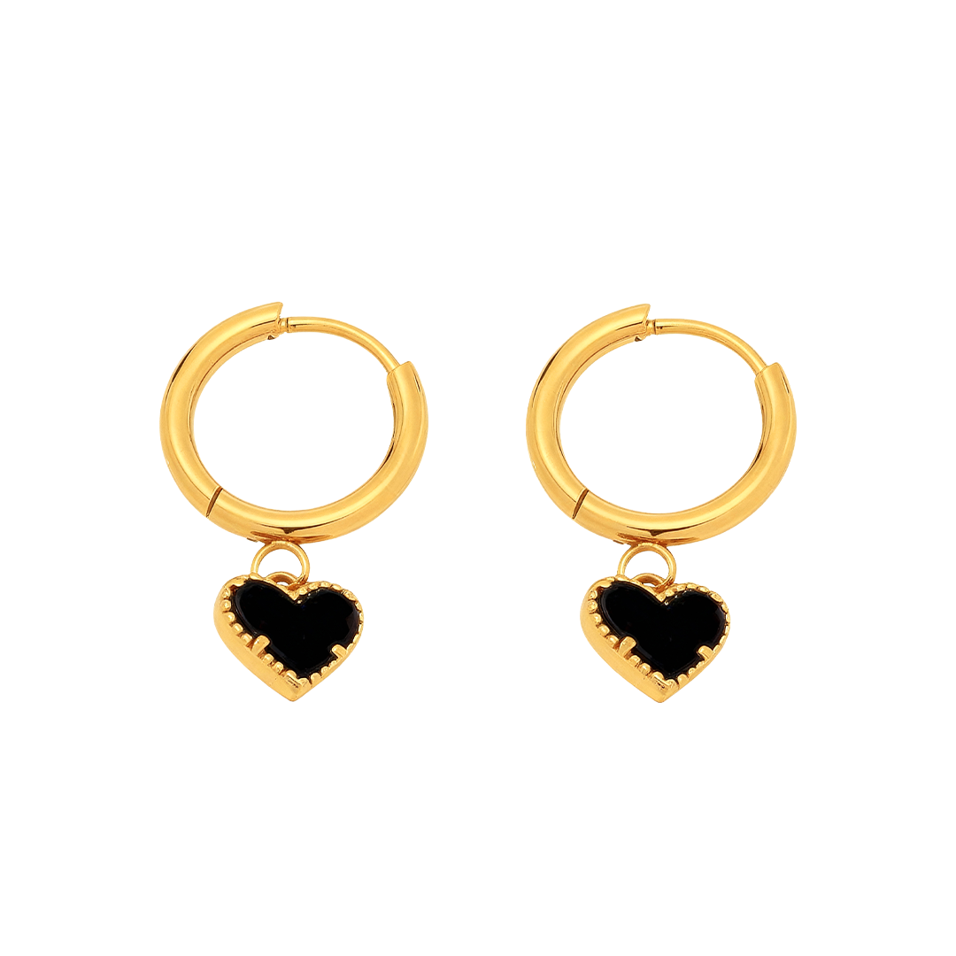 Gold Heart Hoop Earrings with Black Enamel – Stainless Steel