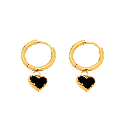 Gold Heart Hoop Earrings with Black Enamel – Stainless Steel