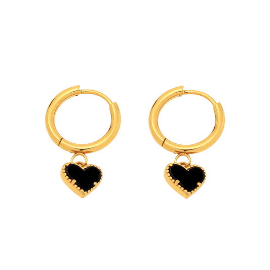 Gold Heart Hoop Earrings with Black Enamel – Stainless Steel