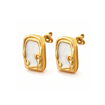 Gold Abstract Pearl Rectangle Earrings – Stainless Steel