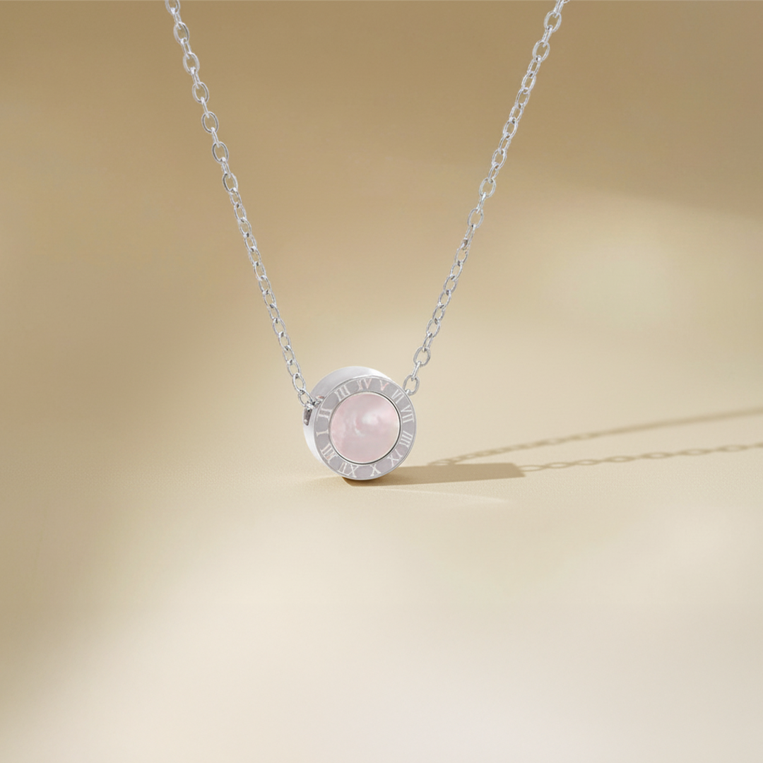 Rose Quartz Circle Necklace – Stainless Steel Silver Pendant Jewelry