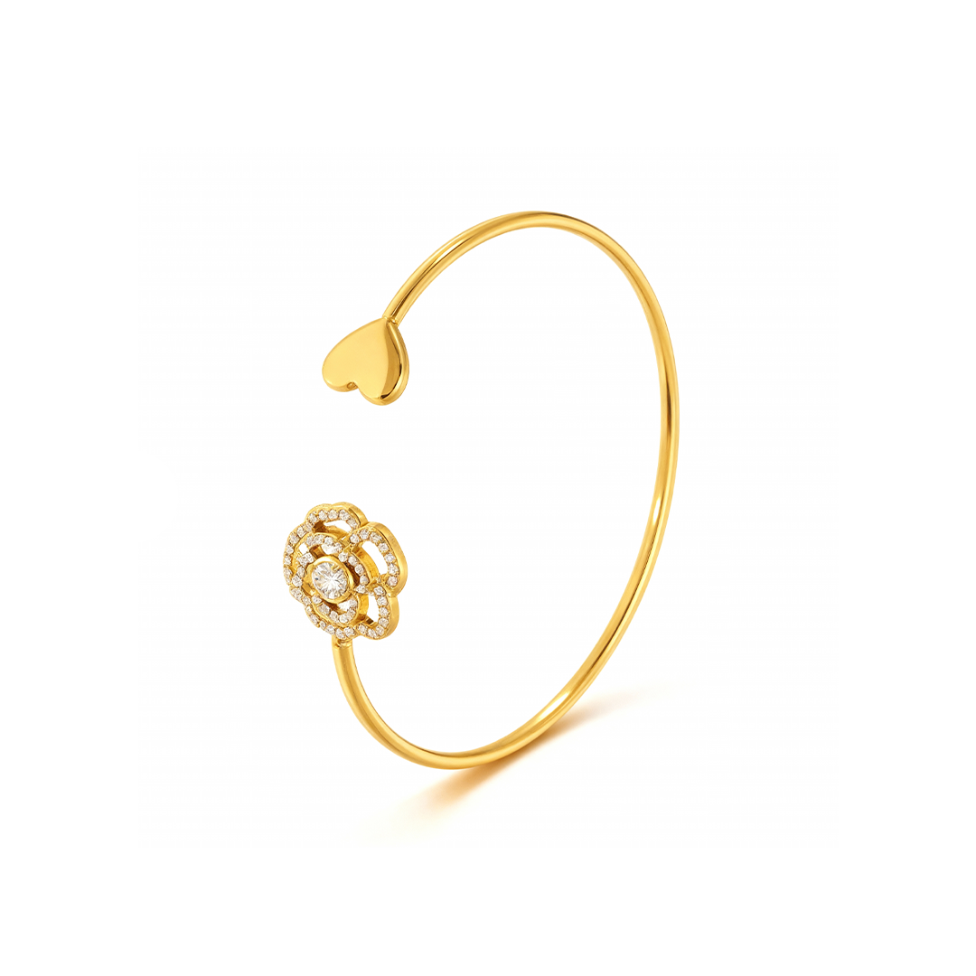 Rose & Heart Open Gold Bangle Bracelet