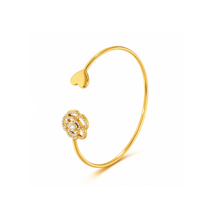 Rose & Heart Open Gold Bangle Bracelet