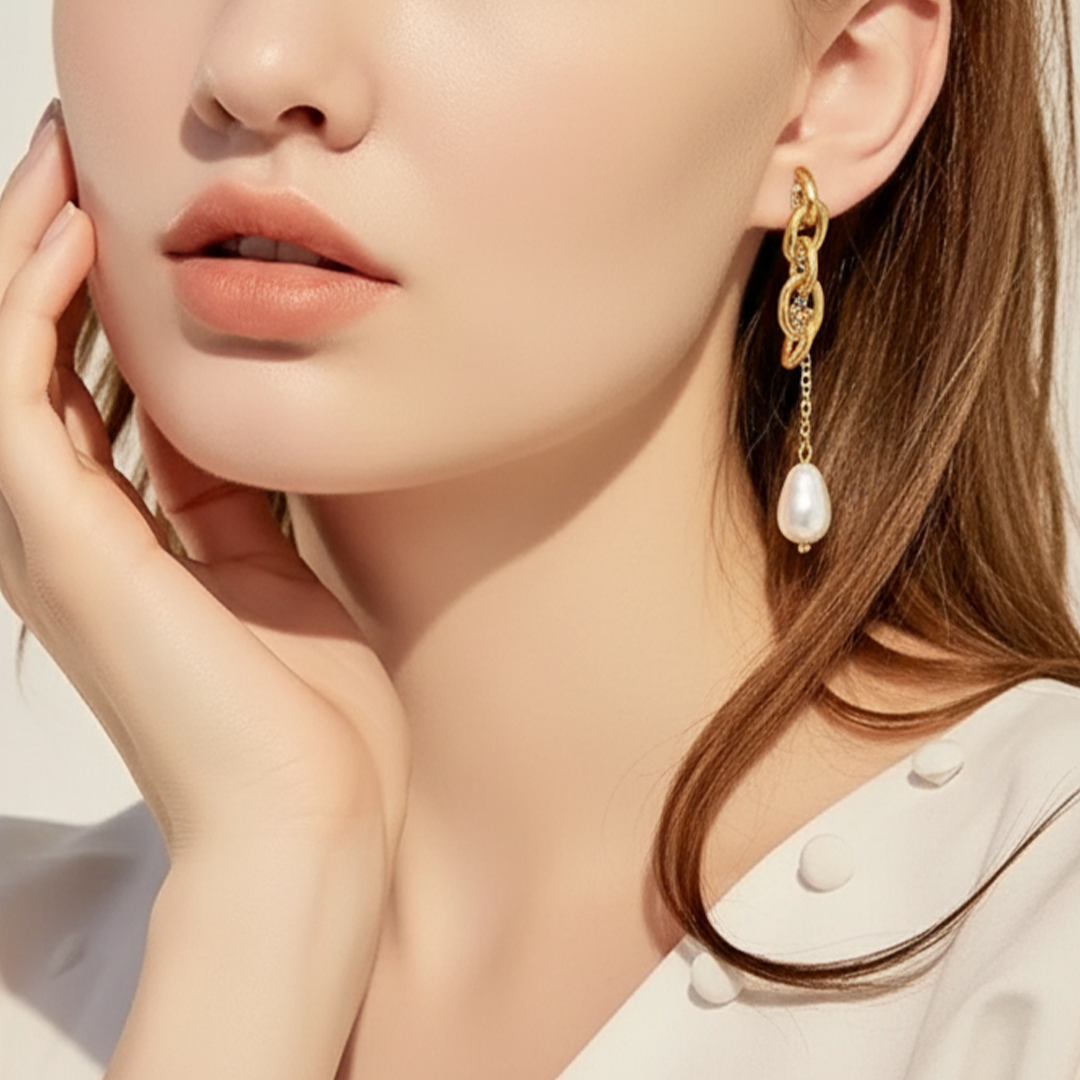 Gold Chain & Pearl Drop Earrings – Stainless Steel