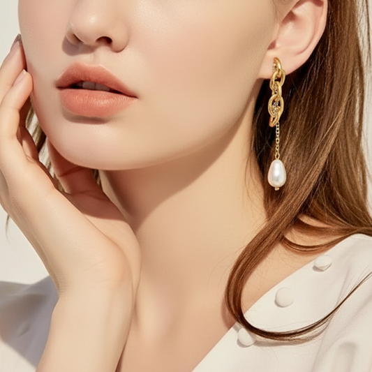 Gold Chain & Pearl Drop Earrings – Stainless Steel