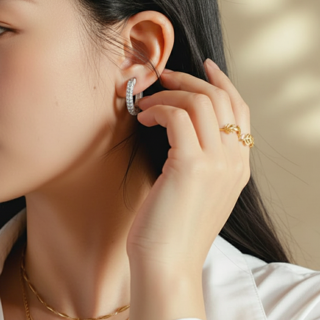 Silver Pavé Hoop Earrings – Stainless Steel