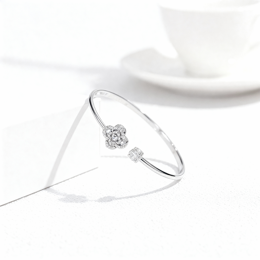 Rose & Heart Open Gold Bangle Bracelet