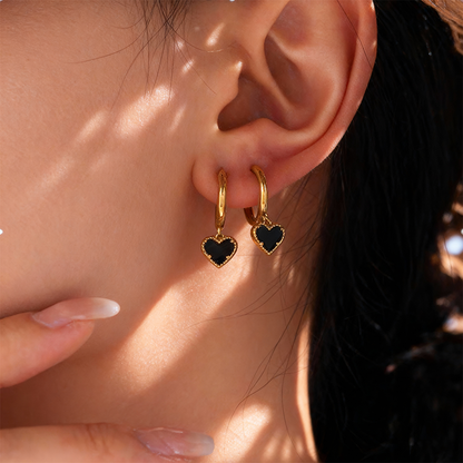 Gold Heart Hoop Earrings with Black Enamel – Stainless Steel