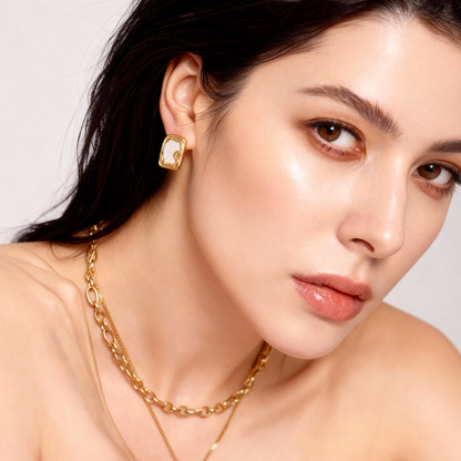 Gold Abstract Pearl Rectangle Earrings – Stainless Steel