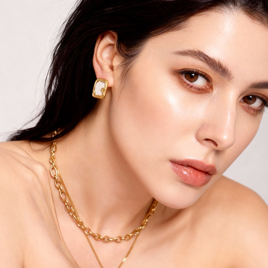 Gold Abstract Pearl Rectangle Earrings – Stainless Steel