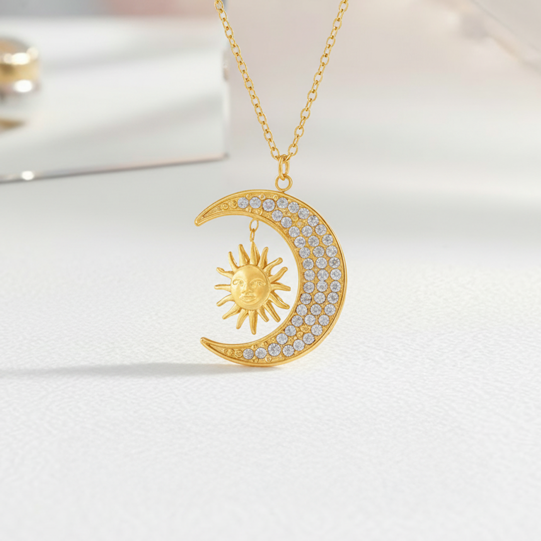 Sun & Moon Pendant Necklace – Gold Celestial Crystal Jewelry