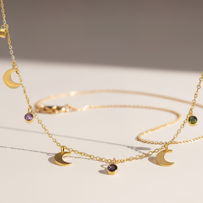 Celestial Moon Charm Necklace – 18K Gold Plated with Gemstone Accents