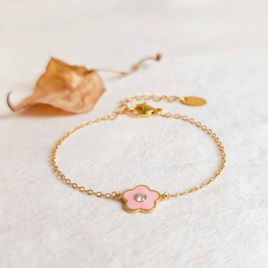 Pink Flower Kids Bracelet – Gold-Plated Stainless Steel with Crystal Center