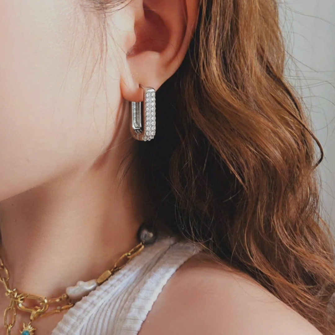 Silver Rectangular Pavé Hoop Earrings – Stainless Steel