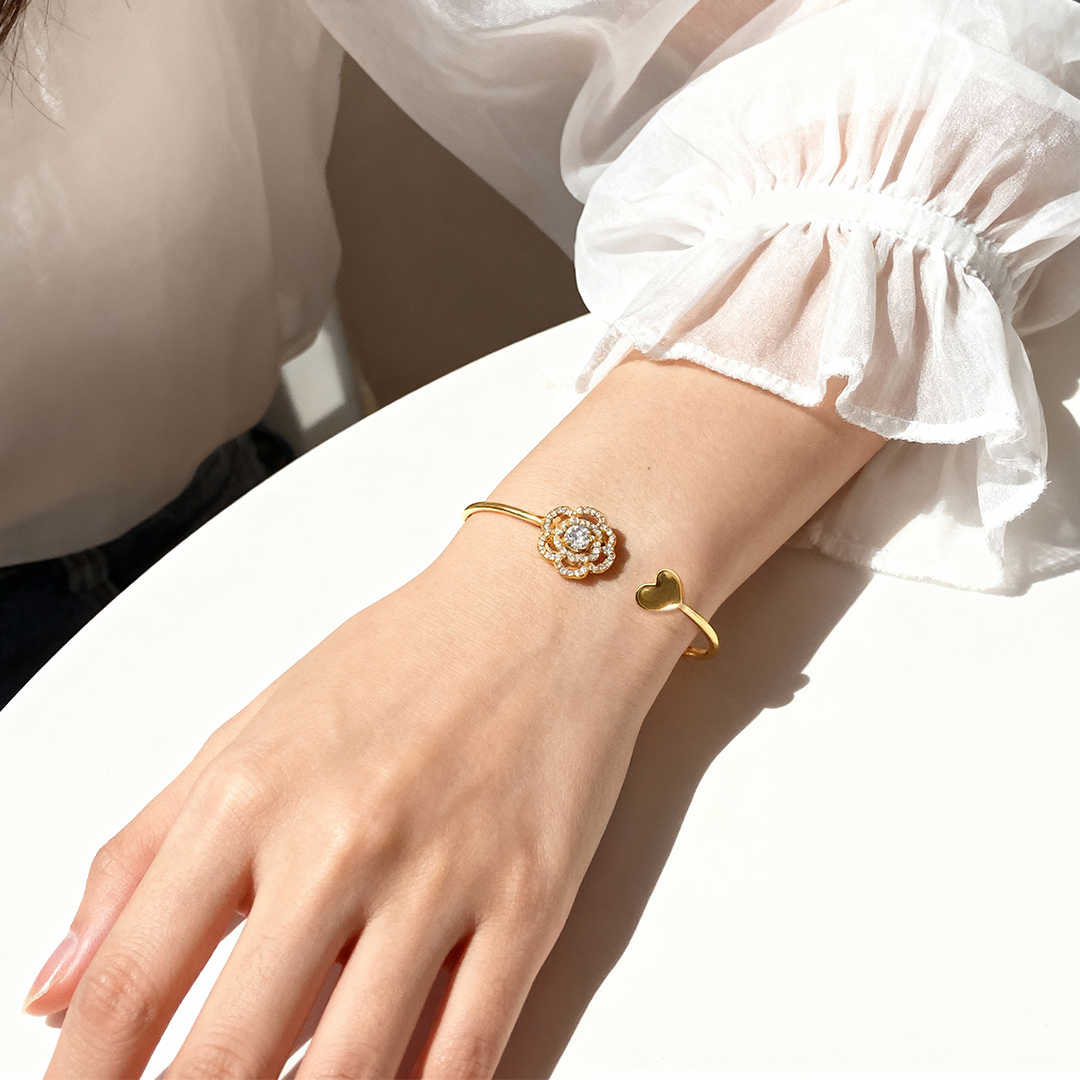 Rose & Heart Open Gold Bangle Bracelet