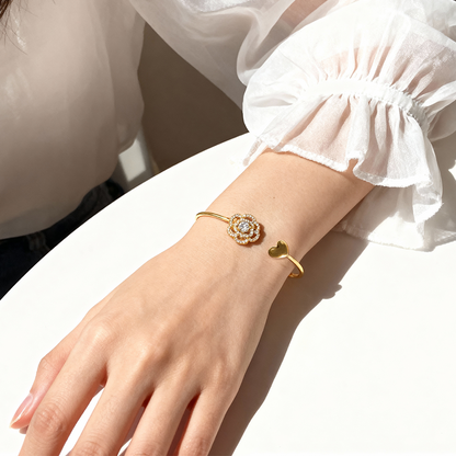 Rose & Heart Open Gold Bangle Bracelet