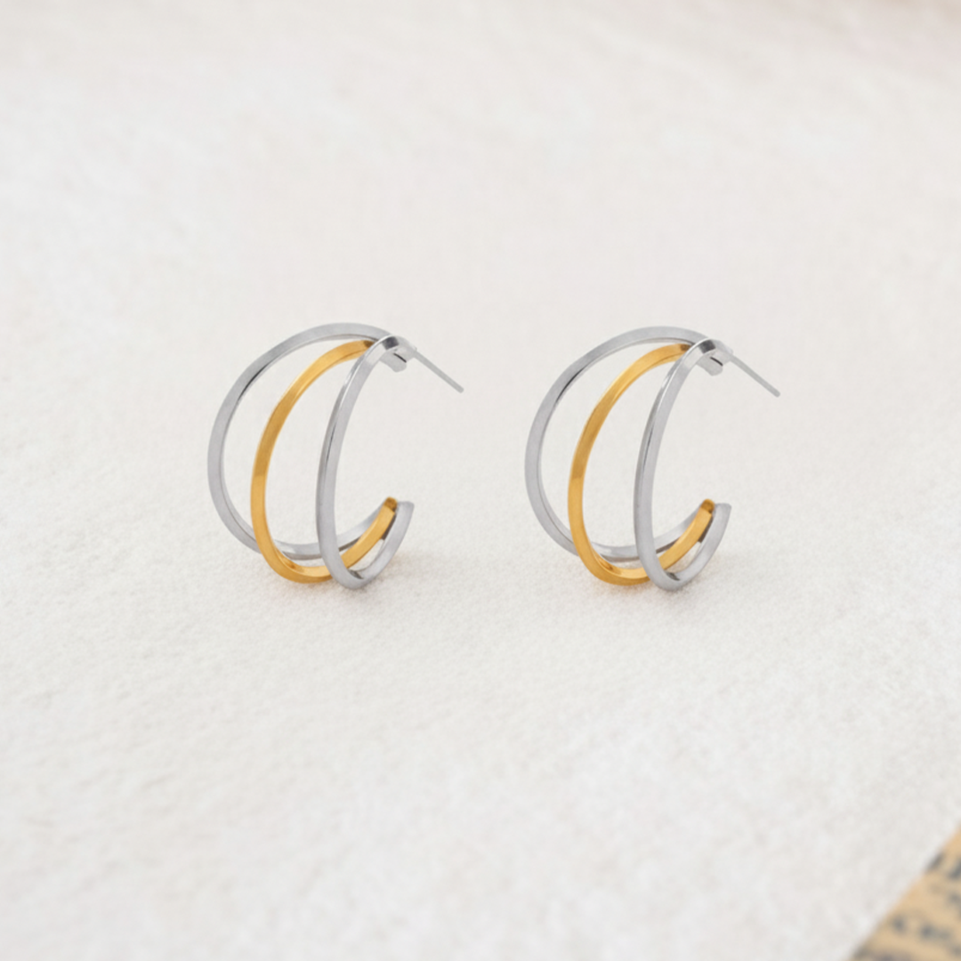 Two-Tone Gold & Silver Triple Hoop Earrings – Stainless Steel