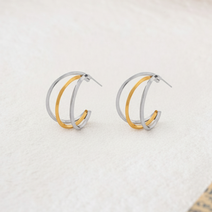Two-Tone Gold & Silver Triple Hoop Earrings – Stainless Steel