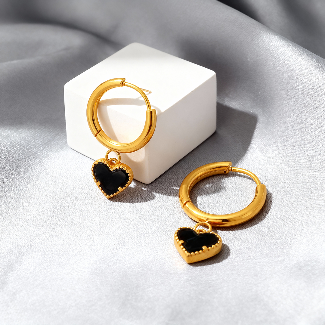 Gold Heart Hoop Earrings with Black Enamel – Stainless Steel