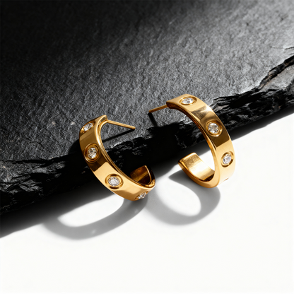 Gold Rivet Hoop Earrings with Crystals – Stainless Steel
