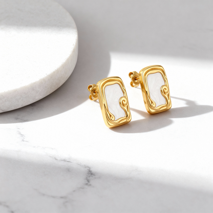 Gold Abstract Pearl Rectangle Earrings – Stainless Steel