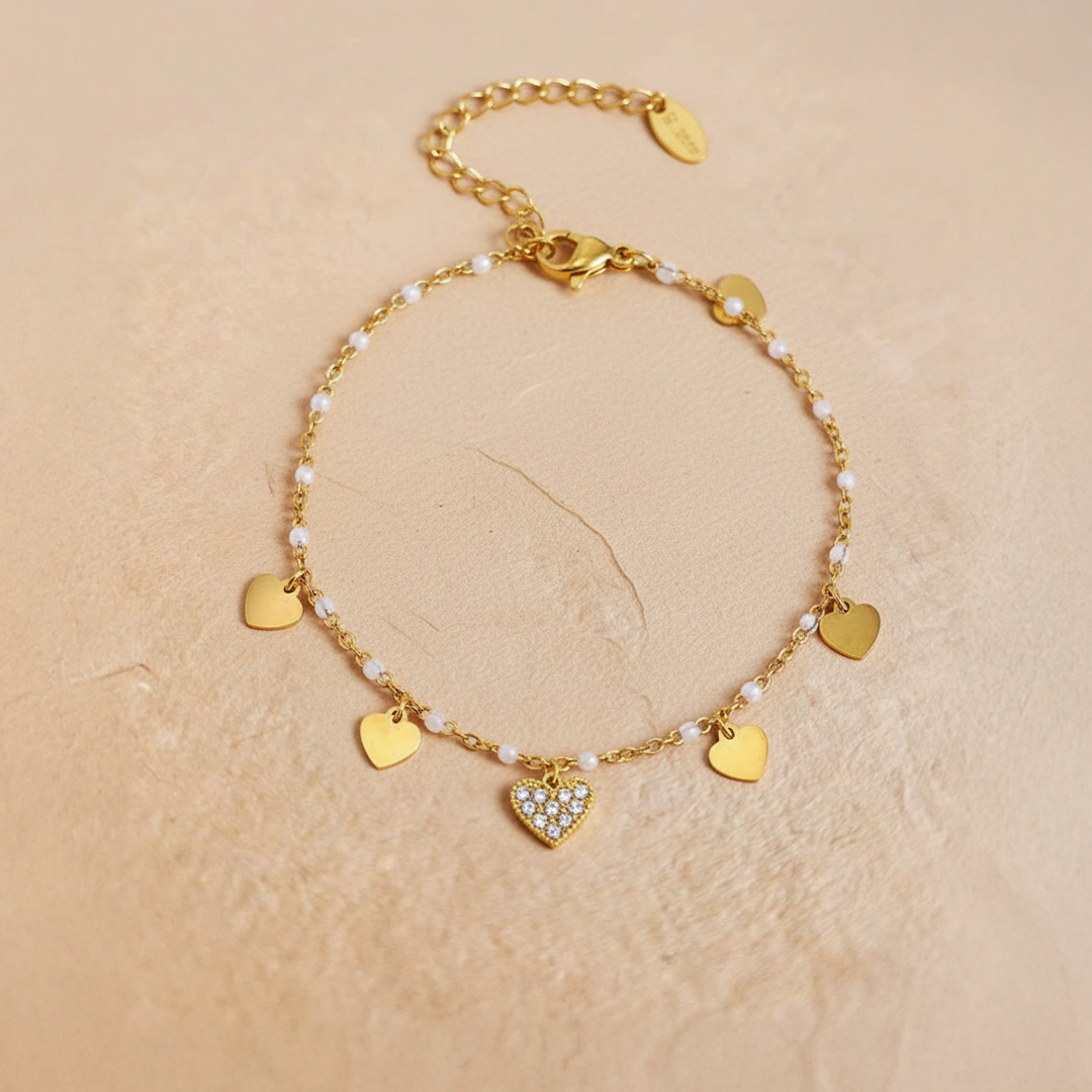 Golden Heart Charm Bracelet – Stainless Steel Pearl Accent Jewelry