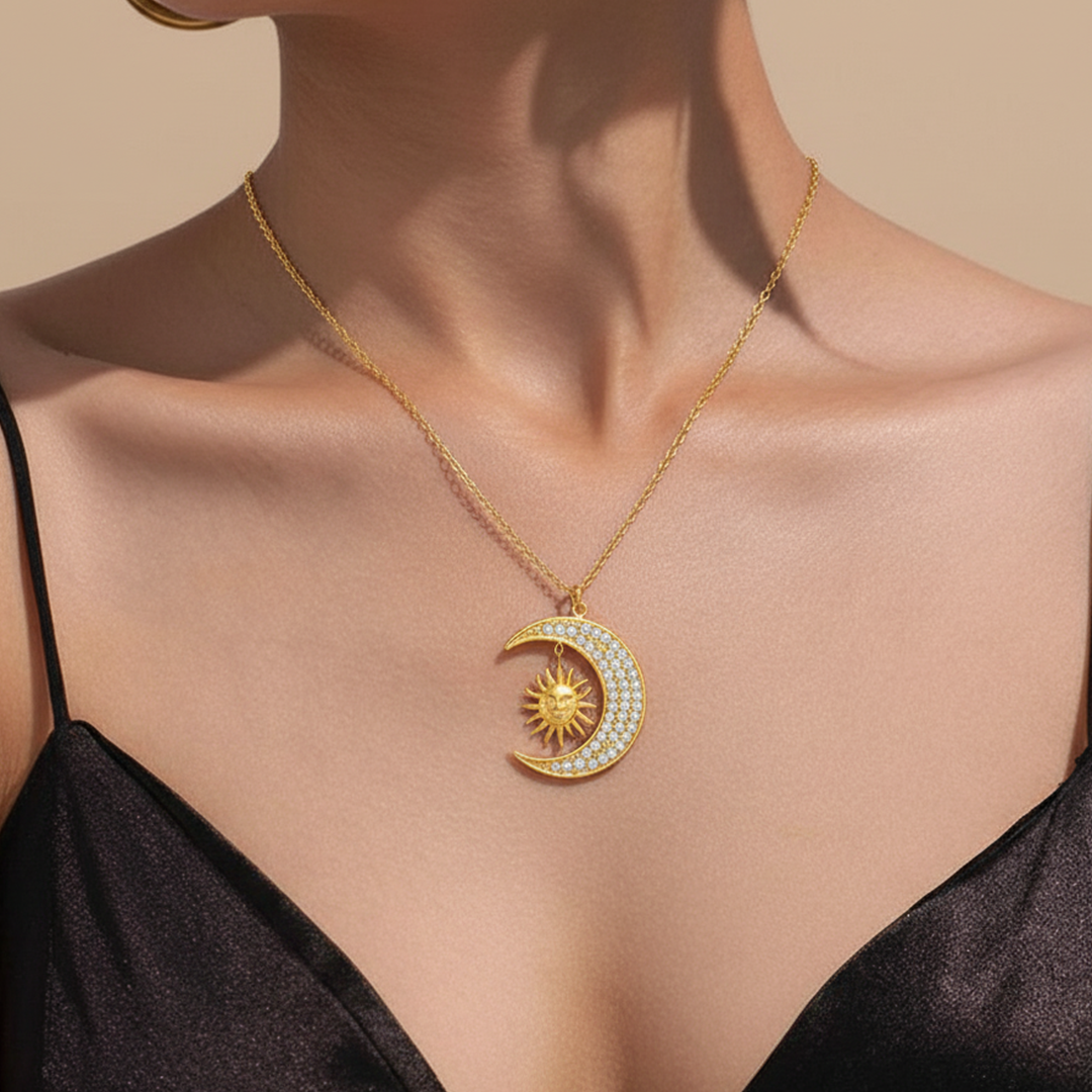 Sun & Moon Pendant Necklace – Gold Celestial Crystal Jewelry