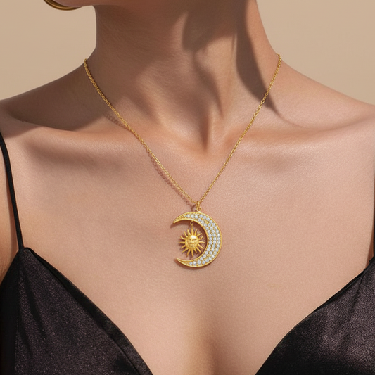 Sun & Moon Pendant Necklace – Gold Celestial Crystal Jewelry