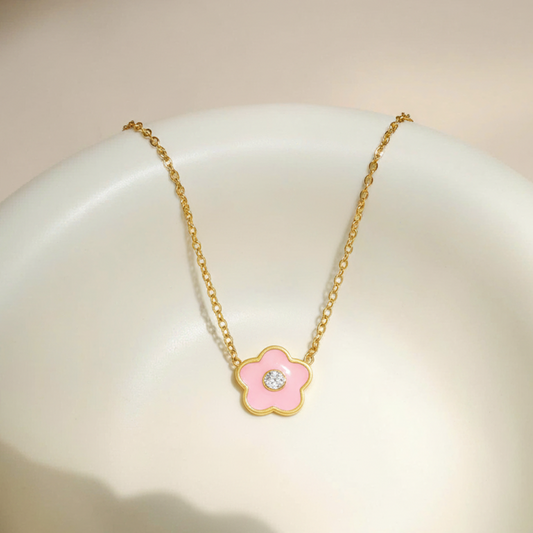 Pink Flower Kids Necklace – Gold-Plated Stainless Steel Charm with Crystal Center
