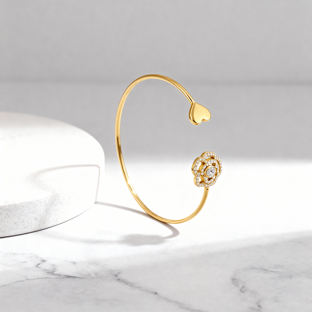 Rose & Heart Open Gold Bangle Bracelet