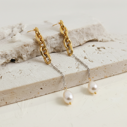 Gold Chain & Pearl Drop Earrings – Stainless Steel