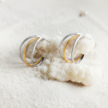 Two-Tone Gold & Silver Triple Hoop Earrings – Stainless Steel