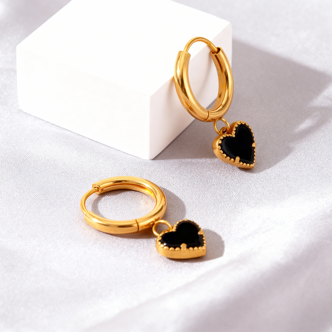 Gold Heart Hoop Earrings with Black Enamel – Stainless Steel