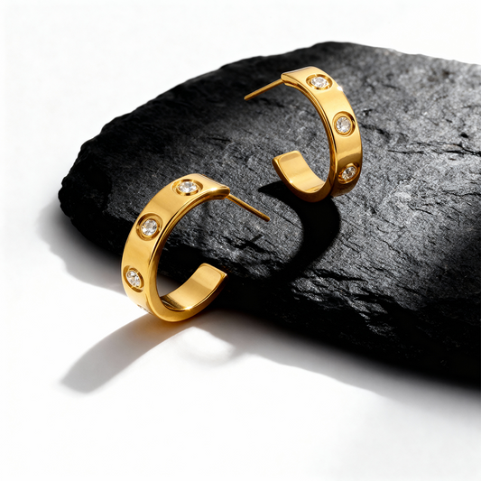 Gold Rivet Hoop Earrings with Crystals – Stainless Steel