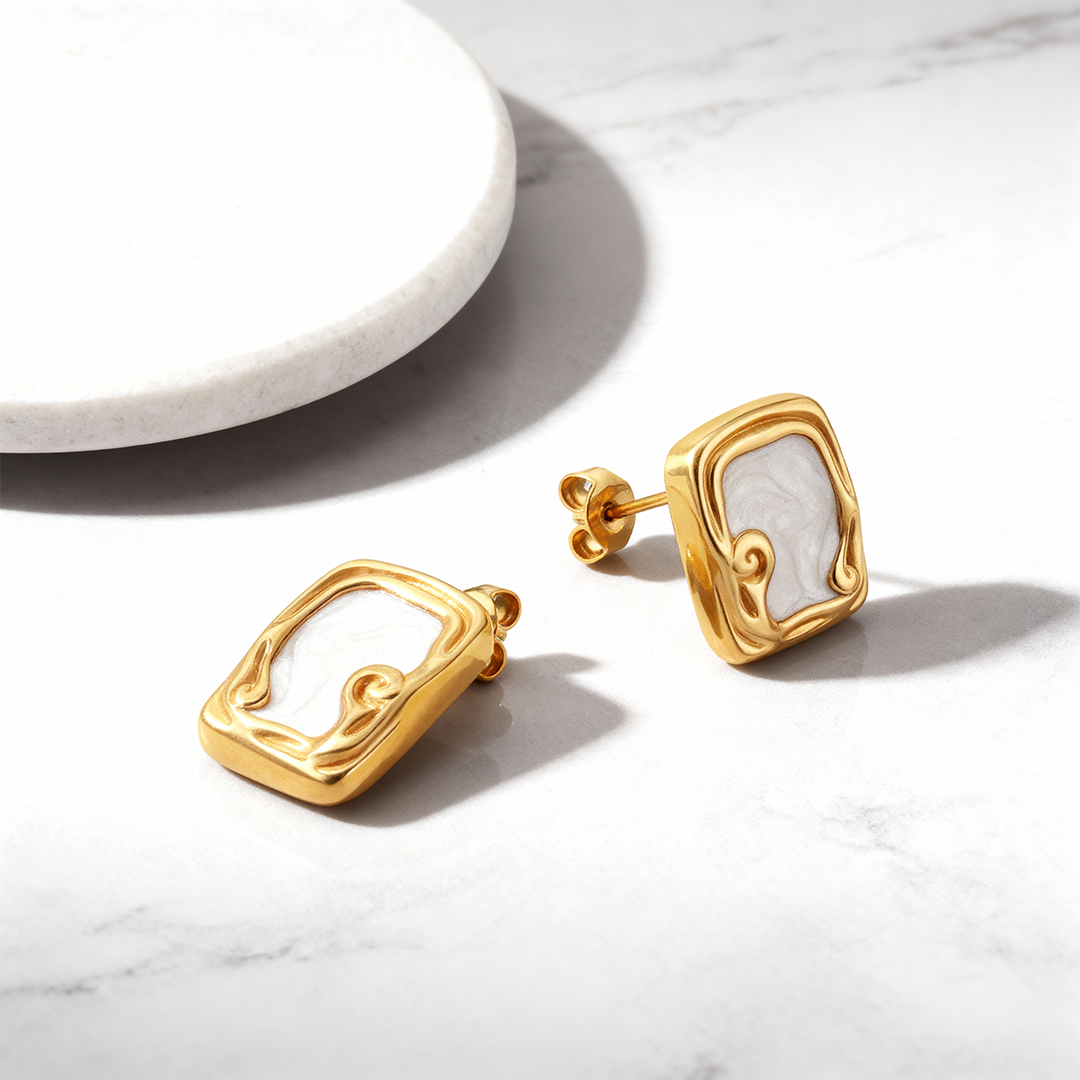 Gold Abstract Pearl Rectangle Earrings – Stainless Steel